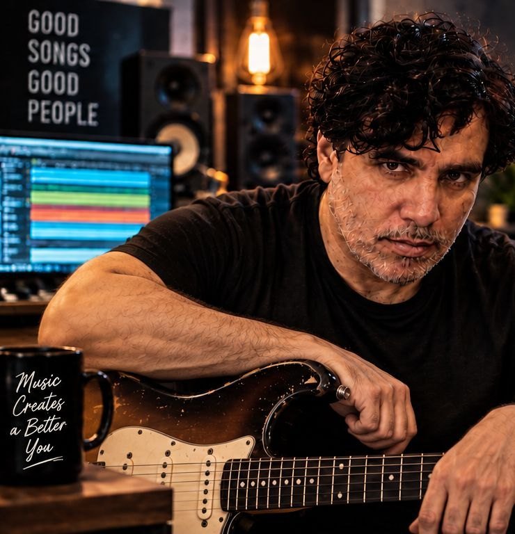 Raúl Humo con su guitarra en el estudio